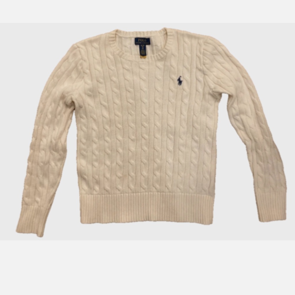 ✨ Polo Ralph Lauren Girls XL 16 Cream Cable Knit Sweater 🐴 Cotton Logo ✨